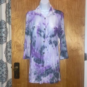 Ellen Weaver Gray and Purple Button Up Top Shirt Tunic Size Small